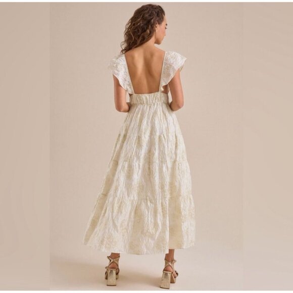 Altar’d State Womens Athena Shimmer Maxi Dress Cream Gold Metallic V-Neck Sze XL - Picture 3 of 13